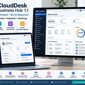 Könnte beinhalten: Ein Laptop und ein Desktop-Monitor zeigen die Software-Oberfläche CloudDesk Business Hub 1.1. Die Bildschirme zeigen Dashboards mit Daten, Diagrammen und Navigationsmenüs für CRM, Abrechnung, Helpdesk und Buchungen. Der Text umfasst CloudDesk Business Hub 1.1, Online, Self-Hosted, No AI Required und CRM + Billing + Portal + Helpdesk + Bookings.