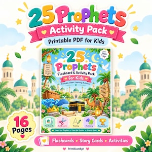 Może przedstawiać: 16-stronicowy pakiet aktywności w formacie PDF do druku zatytułowany 25 Prophets Activity Pack for Kids. Okładka zawiera kolorowe ilustracje meczetu, wieloryba, wielbłąda i korony oraz tekst dotyczący fiszek, wycinanek i ćwiczeń z pisania.