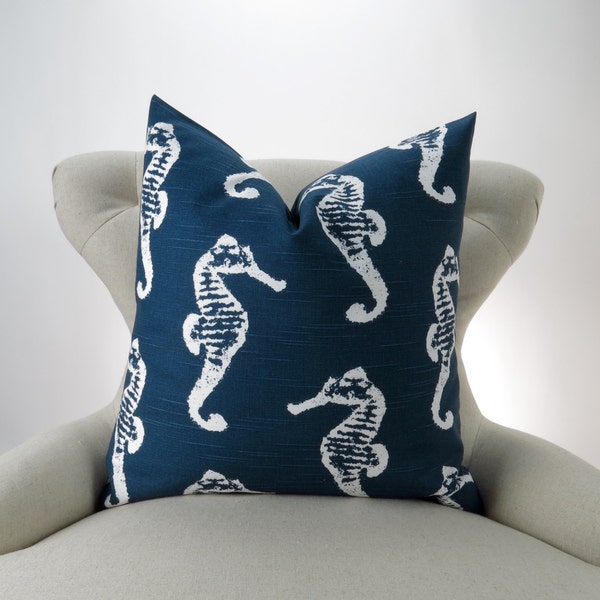 Navy Sea Horse Pillow Cover - up to 28x28 - Nautical Premier Prints, cushion throw couch euro sham Blue White seahorse floor large big beach