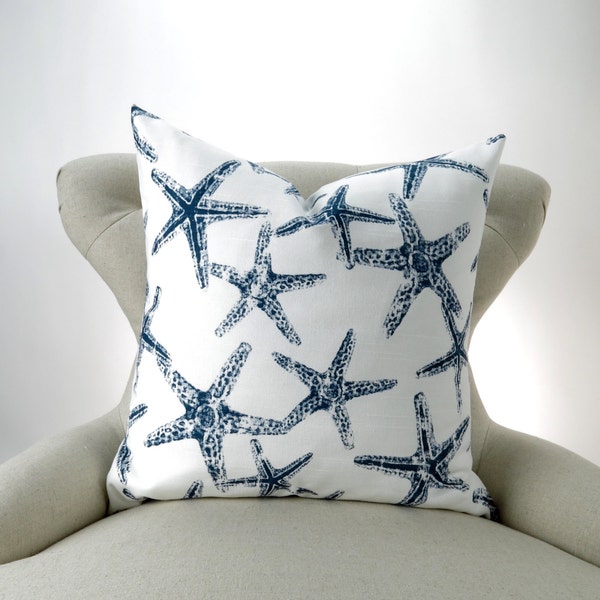 Nautical Throw Pillow, Navy Cushion, Accent Pillow, Euro Sham, Navy Blue White Starfish, Beach Decor -MANY SIZES- Sea Friends Premier Prints