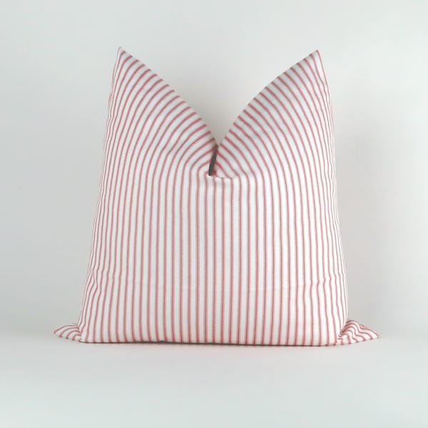 Red Stripe Pillow Cover -MANY SIZES- feather ticking pattern (Decorative Pillow, Euro Sham, Farmhouse) Classic lipstick by Premier Prints