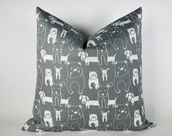 Gray Puppy Pillow Cover -MANY SIZES- dog pattern (Decorative Throw Pillow, Euro Sham) Pedigree Storm Gray/White by Premier Prints