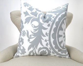 Throw Pillow Cover Gray Suzani Pattern -MANY SIZES- Accent Pillow Euro Sham Decorative Cushion Storm Grey & White Premier Prints