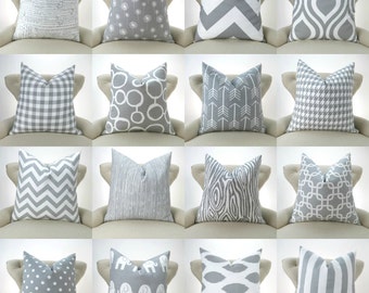 Gray Pillow Cover, Mix and Match Patterns -MANY SIZES- Euro Sham, Decorative Throw Pillow, Gray prints on white twill by Premier Prints