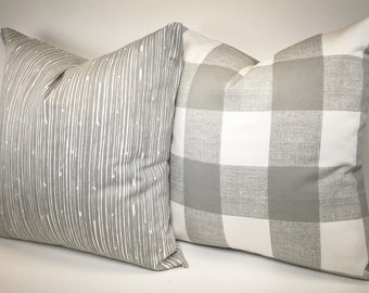 Gray White Pillow Covers set of two -MANY SIZES- Stripe Buffalo Check Plaid Decorative Throw Pillow Euro Sham by Premier Prints