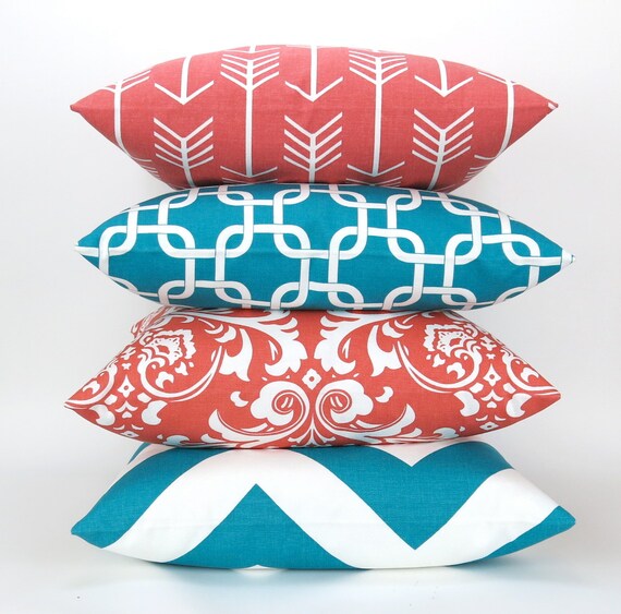 Throw Pillow Cover Set Of Four Coral Turquoise Accent Etsy
