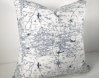 Aviation Pillow Cover -MANY SIZES- Navy Blue White Airplane Air Traffic Decorative Euro Sham Premier Prints