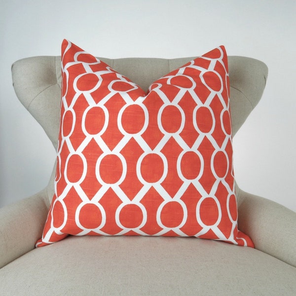 Orange Pillow Cover -MANY SIZES- Tangerine Orange & White, Geometric Pattern Throw Pillow, Euro Sham, Sydney Tangelo Premier Prints