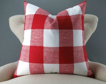 Red Plaid Pillow Cover -MANY SIZES- Big Check Pattern, Euro Sham, Lumbar, Decorative Throw, Buffalo Plaid, Anderson Lipstick Premier Prints