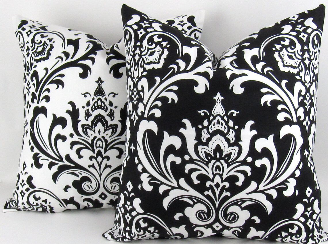 BLACK Damask Pillow Cover MANY SIZES White Ozborne Cushion Etsy