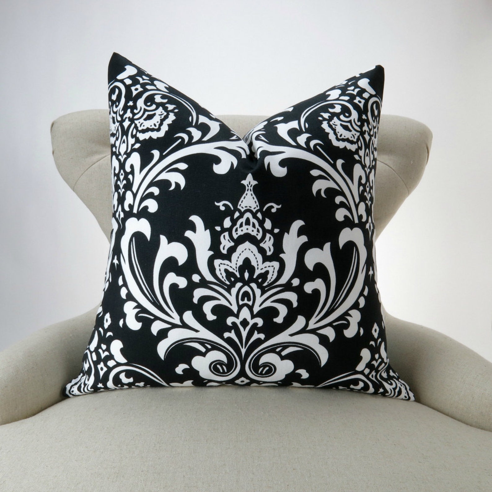BLACK Damask Pillow Cover MANY SIZES White Ozborne Cushion Etsy