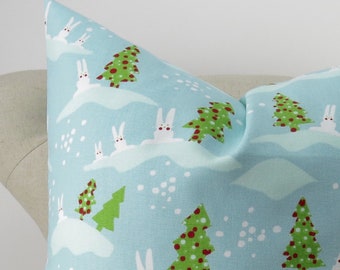 Christmas Pillow Cover -MANY SIZES- Christmas trees and rabbits pattern, Decorative Throw Pillow, Euro Sham, Holiday Bunnies Premier Prints