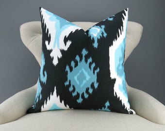 Blue & Black Ikat Pillow -MANY SIZES- Decorative Pillow, Cushion Cover, Throw Pillow, Euro Sham, Regatta Ikat Premier Prints, FREESHIP