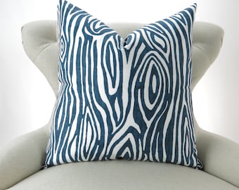 Wood Grain Pillow Cover -MANY SIZES- Faux Bois navy blue white Willow decorative throw euro sham cushion modern contemporary premier prints