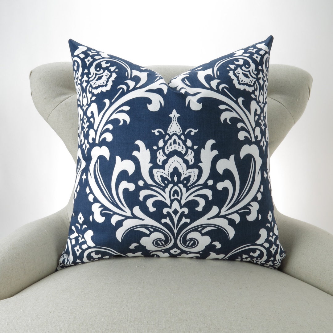 Navy Damask Throw Pillow MANY SIZES Navy Cushion, Damask Pillow Cover