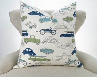 Vintage Cars Pillow Cover -MANY SIZES- Navy Blue Green Cushion Cover, Kids Room, Boys nursery, Retro Rides Felix Premier Prints, FREESHIP