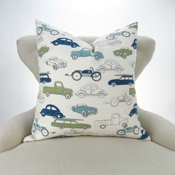 Vintage Cars Pillow Cover -MANY SIZES- Navy Blue Green Cushion Cover, Kids Room, Boys nursery, Retro Rides Felix Premier Prints, FREESHIP