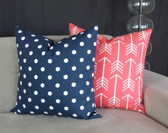 Decorative Throw Pillow Covers, Coral & Navy Blue Accent Pillows, Set of Two -MANY SIZES- Polka Dot, Arrows by Premier Prints