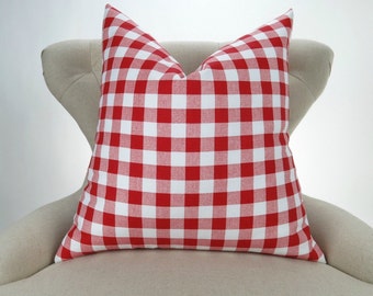 Red Plaid Pillow Cover -MANY SIZES- Check Pattern, Gingham Print, Euro Sham, Lumbar, Decorative Throw, Lipstick Red Buffalo Premier Prints