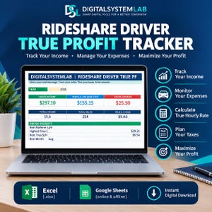 Rideshare Driver Profit Tracker | Uber Lyft DoorDash Income Expense Log (Excel)