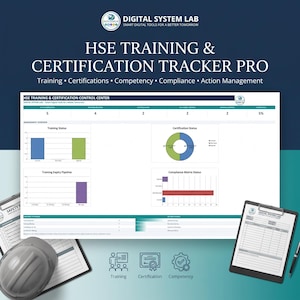Puede incluir: Un panel digital titulado HSE Training & Certification Tracker Pro de Digital System Lab. Muestra gráficos de datos sobre estado de formación, certificaciones, plazos y cumplimiento, junto a un casco de seguridad y un portapapeles.