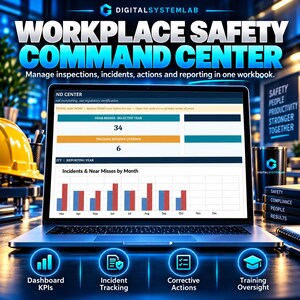 May include: A laptop displaying a Workplace Safety Command Center dashboard with data on near misses and training reviews. The screen shows a bar chart for incidents and near misses by month, with icons for KPIs, tracking, actions, and training.