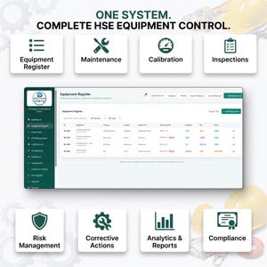 Könnte beinhalten: Eine digitale Dashboard-Oberfläche mit dem Titel Equipment Register, die eine Tabelle industrieller Anlagen mit Spalten für ID, Kategorie, Standort und Status anzeigt. Das Layout enthält acht weiße Symbole mit dunkelgrünen Textbeschriftungen.
