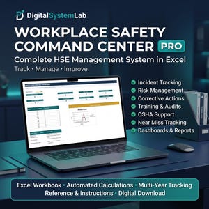 May include: A laptop displaying the DigitalSystemLab Workplace Safety Command Center Pro, an Excel-based HSE management system. The screen shows a safety performance dashboard with charts and tables for incident tracking, risk management, and audits.