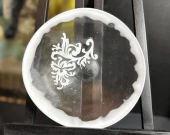 1970s Vintage French Frosted Glass Nut Dishes Pair of Small Clear & White Elegant Embossed Damask Motif Retro Tableware