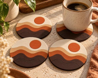 Juego de posavasos con diseño de puesta de sol en el desierto, posavasos estilo bohemio, decoración para el hogar en terracota, regalo de inauguración de casa impreso en 3D