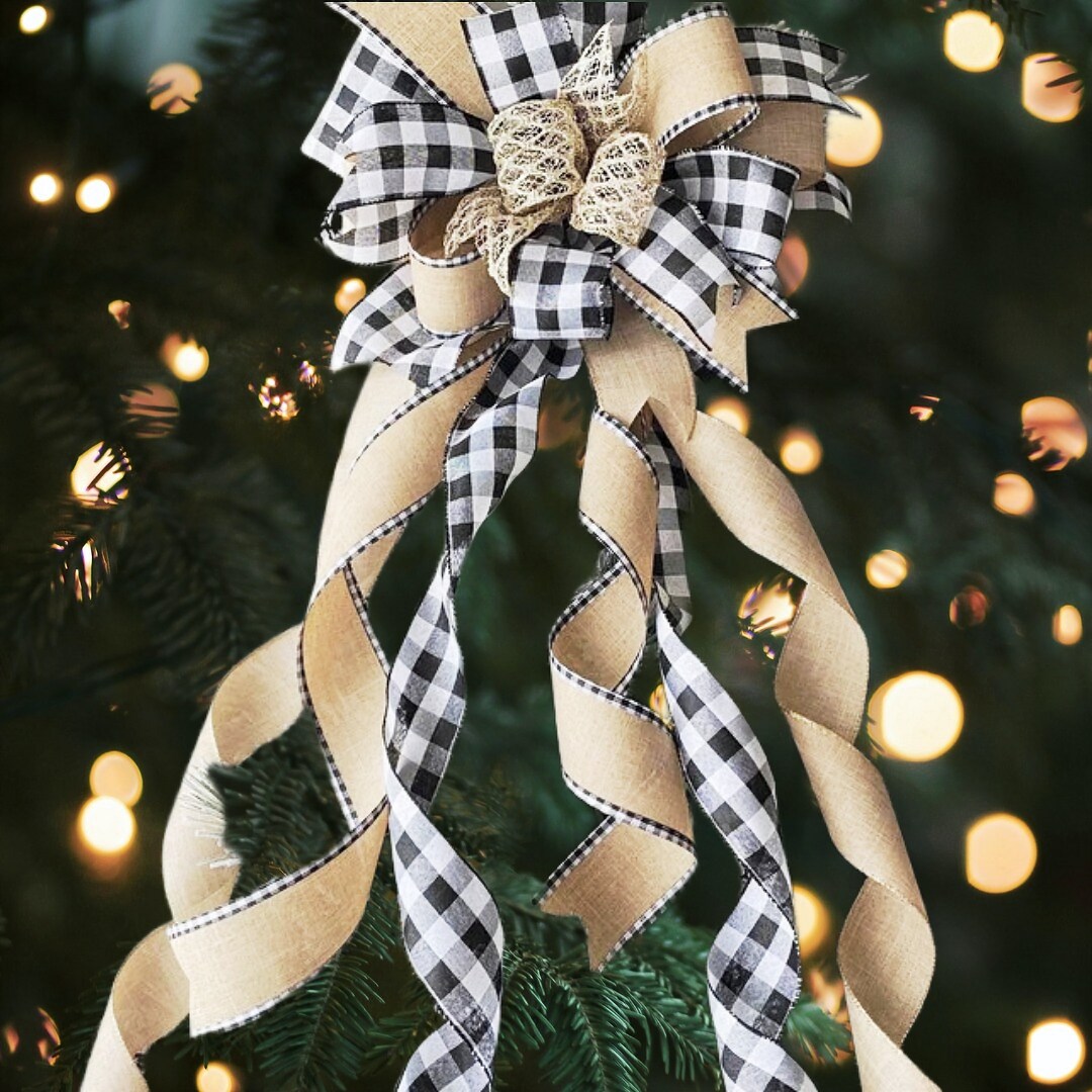 Rustic Christmas Tree Bow Farmhouse Bow Plaid Tree Topper Etsy