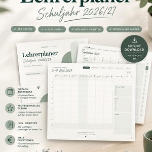 Pode incluir: Um planejador digital para professores para o ano letivo 2026/27 em formato paisagem A4. O PDF inclui 163 páginas, quatro versões, abas vinculadas e datas de feriados para todas as regiões. Layout com horários e listas de tarefas.