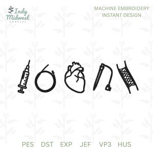 May include: A black machine embroidery design featuring a syringe, a circular wire, an anatomical heart, a medical catheter, and a stent. The text Indy Midwest Company and Machine Embroidery Instant Design appear alongside file formats PES, DST, EXP, JEF, VP3, HUS.