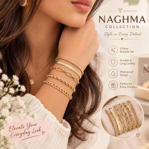May include: A five-piece gold-toned bracelet set featuring various chain styles including a box chain, a flat herringbone chain, a paperclip chain, a twisted rope chain, and a classic curb chain, all worn together on a wrist.