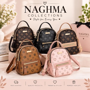 May include: Five small backpacks from Naghma Collections featuring a repeating pattern of hearts and floral shapes. The bags come in brown, black, and light pink, each with a top handle, adjustable shoulder straps, and a gold-toned front zipper.