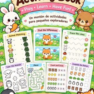 Puede incluir: Un libro de actividades con un encabezado de madera clara que incluye el texto Animal Activity Book, Play, Learn, Have Fun!, y Un montón de actividades para pequeños exploradores. Muestra varias hojas de trabajo educativas con ilustraciones de animales.