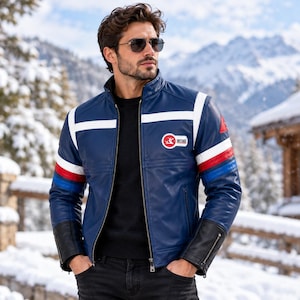 Men's Blue Leather Cafe Racer Jacket | Retro Rock Stripes | Embroidered Patch