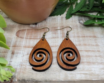 Spiral Wood Earrings | Cherry wood | Antique Brass Hooks