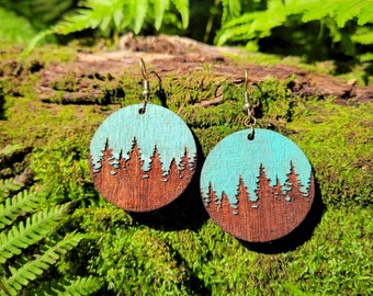 Wood Earrings | Painted wood | Engraved | Antique Brass Hooks | Trees