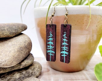Wood Earrings | Painted wood | Engraved | Antique Brass Hooks | Trees