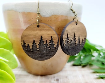 Wood Earrings | Engraved Trees | Antique Brass Hooks