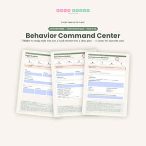 May include: A Behavior Command Center set featuring three white printable documents with light blue fillable fields. The pages are titled Trigger Analyzer, Behavior Plan Builder, and Communication Generator, designed for teacher-made ADHD support.