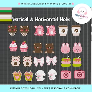 Può includere: Una collezione di file digitali stampabili in 3D con varie icone carine tra cui orsi, dinosauri rosa, tazze di caffè, cupcake, conigli, fiocchi, macaron, fotocamere e cani. Il testo recita Original Design By Sky Prints Studio Ph.