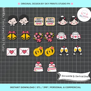 May include: A collection of wedding-themed charms featuring cartoon figures, Just Married signs, bells, flower bouquets, cars, envelopes with hearts, rings, champagne flutes, and cakes. The set includes designs with horizontal and vertical holes.