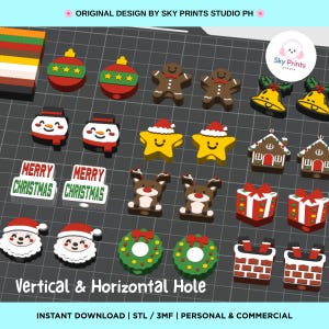 May include: A collection of 3D printable Christmas-themed charms featuring gingerbread people, snowmen, Santa Claus, reindeer, stars, bells, wreaths, gift boxes, chimneys, and Merry Christmas signs, arranged on a dark gray grid background.