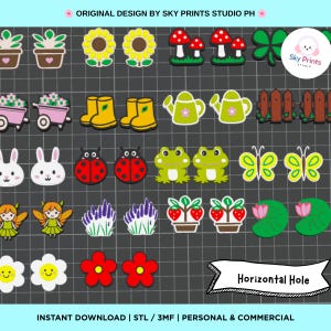Könnte beinhalten: Eine Sammlung bunter, 3D-druckbarer Anhänger mit verschiedenen Motiven, darunter Topfpflanzen, Sonnenblumen, Pilze, Kleeblätter, Schubkarren, Gummistiefel, Gießkannen, Zäune, Hasen, Marienkäfer, Frösche, Schmetterlinge, Feen, Lavendel, Erdbeeren, Lotusblumen und Gänseblümchen.