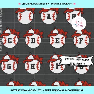 May include: A digital collection of baseball-themed keychain designs featuring a white baseball with red stitching, topped with a red baseball cap and a red bow. Each baseball displays a black letter from A to Z. Text includes BASEBALL WITH RIBBON KEYCHAIN A-Z.