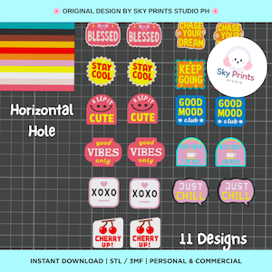 May include: A collection of 11 colourful digital sticker designs featuring phrases like BLESSED, STAY COOL, KEEP GOING, GOOD MOOD, good VIBES only, BUT FIRST COFFEE, XOXO, JUST CHILL, and CHERRY UP, displayed on a dark grid background with a logo.