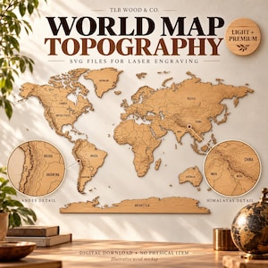 Puede incluir: Un mapa del mundo de madera para pared con topografía grabada a láser y etiquetas de países. El diseño incluye dos recuadros circulares que muestran líneas de contorno detalladas de los Andes y el Himalaya. Texto TLB WOOD & CO. WORLD MAP TOPOGRAPHY.