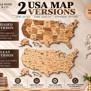Peut inclure: Deux versions de cartes en bois des États-Unis avec frontières d'États et icônes gravées. La carte du haut présente des zones ombrées pour le contraste, tandis que celle du bas offre un ton bois uniforme. Texte inclus : 2 USA MAP VERSIONS, SHADED VERSION, CLEAN VERSION.